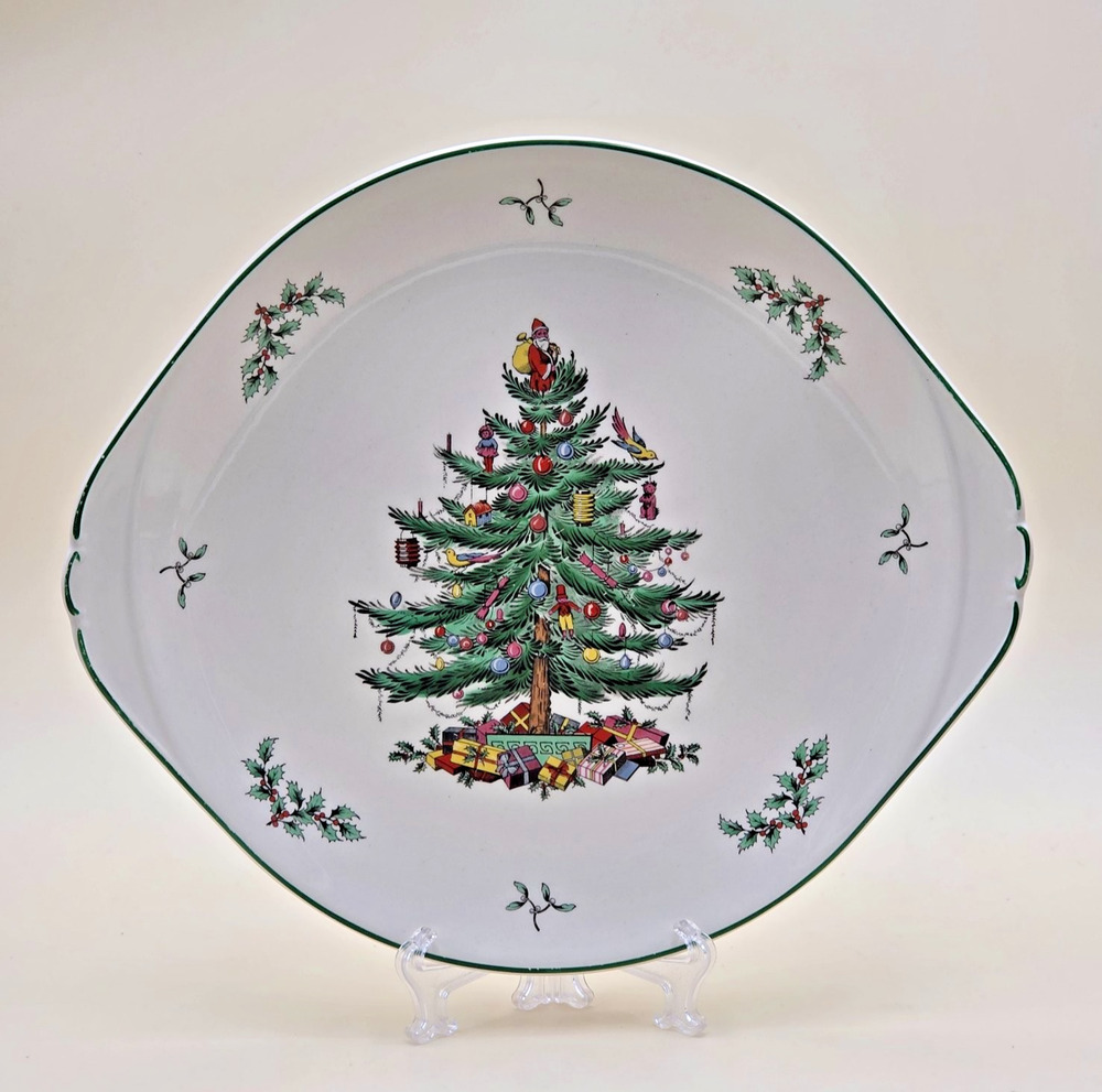 Spode Christmas Tree S3324 Handled Cake Plate Platter 13" England Vintage White